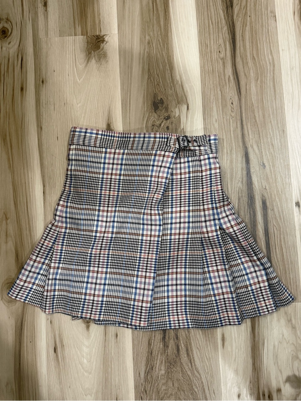 Dolls Kill Beige Plaid Pleated Mini Skirt with Navy and Pink Accents